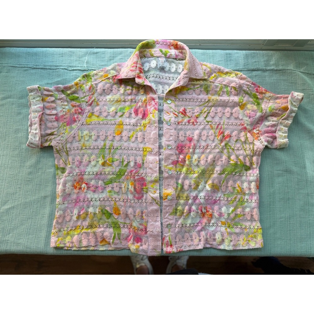 PQ Swim Pink Floral Lace Crochet Top Beach Cover Up Resort Wear Embroidered M/L